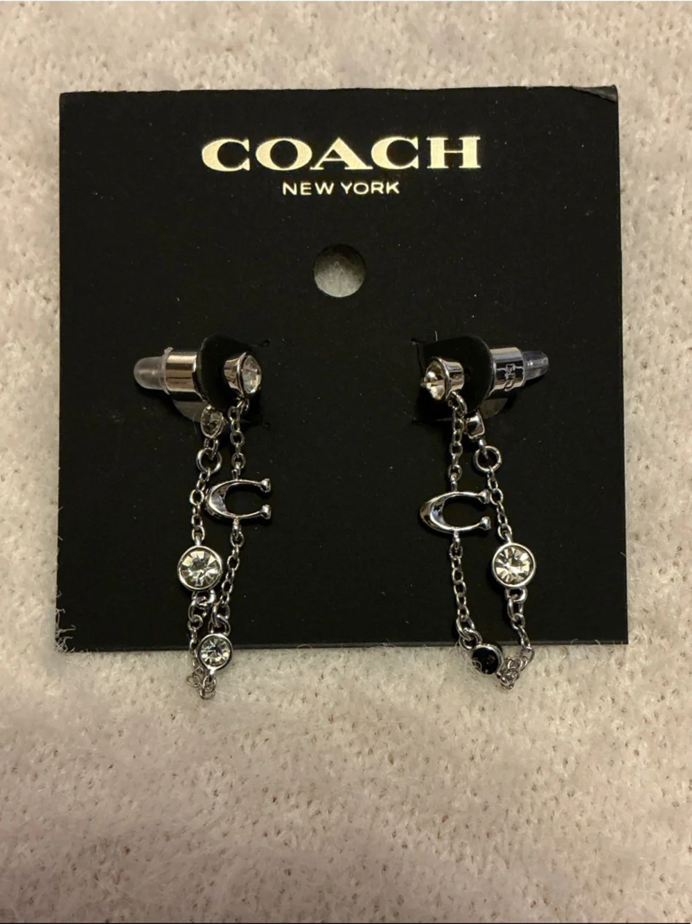 Coach Silver-Tone Dangling Chain Earrings with Clear Crystals - Picture 2 of 3